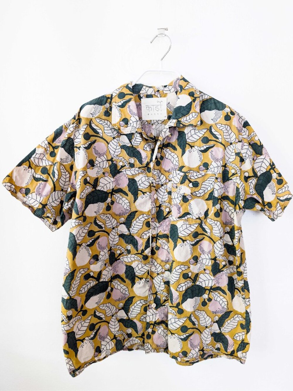 Kardo Yellow Floral Leaf Short Sleeve Camp Collar Shirt Medium